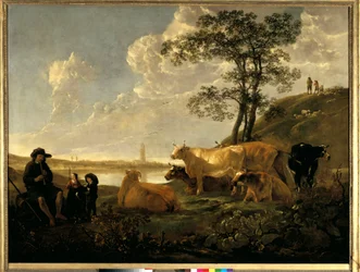 Pejzaż w pobliżu Rhenen: pasące się krowy i pasterz grający na flecie. Obraz Alberta (Aelberta lub Aelbrechta) Cuypa (1620-1691)
