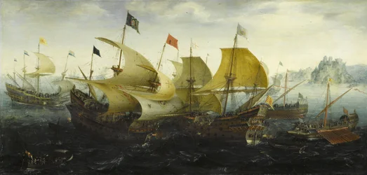 Bitwa o Kadyks Holenderskie i angielskie statki atakują hiszpańską Armadę, 1608