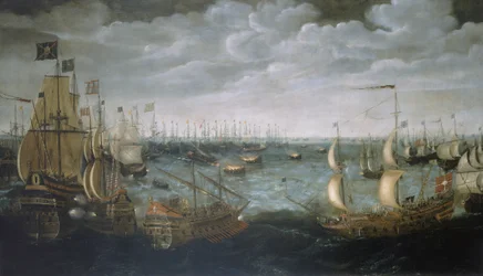 Wodowanie okrętów wojennych przeciwko hiszpańskiej armadzie, 7 sierpnia 1588, ok. 1590 (olej na płótnie)