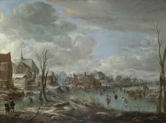 Zamarznięta rzeka w pobliżu wioski, z golfistami i łyżwiarzami, ok. godz. 1647-1648