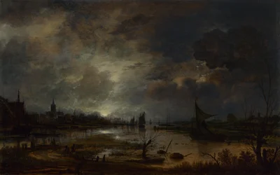 Rzeka w pobliżu miasta, przy świetle księżyca, ok. godz. 1645