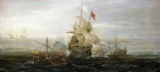 Atak piratów barbarzyńskich (lub korsarzy osmańskich) na francuski statek handlowy, Morze Śródziemne. Olej na drewnie autorstwa Aerta Anthonisza (około 1579-1620).