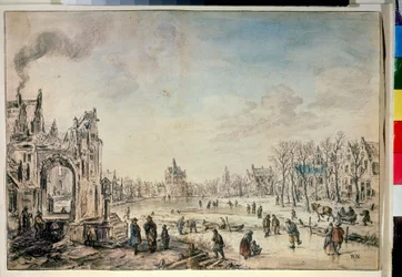 Zimowy krajobraz z łyżwiarzy. Rysunek Aerta Van der Neera (1603-1677)
