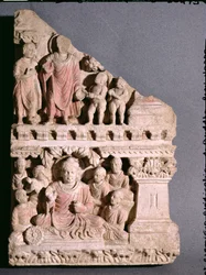 Sceny z życia Buddy: ofiarowanie miski prochu i pierwsze kazanie, styl grecko-buddyjski, z Hadda, I-IV w. (wapień)