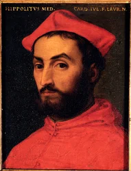 Portret kardynała Ippolito de Medici (1511-1535) Obraz Allori Angelo di Cosimo dit Bronzino (1503-1572) - XVI w. Słońce 15x12 cm Pałac Medici-Riccardi (Medici Riccardi) Florencja