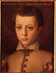 Portret Ferdynanda I Medyceusza (Ferdynand I de Medici) (1549-1609) młody chłopiec Obraz Allori Angelo di Cosimo dit Bronzino (1503-1572) XVI wiek Słońce 15x12 cm Pałac Medici-Riccardi (Medici Riccardi) Florencja