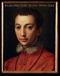 Portret Francois I Medici (Francesco I de Medici) (1541-1587) Młody chłopiec Obraz Allori Angelo di Cosimo dit Bronzino (1503-1572) XVI wiek Słońce 15x12 cm Pałac Medici-Riccardi (Medici Riccardi) Florencja