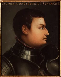 Portret Jeana de Medici dit Jean des Bands Noires (Giovanni dalle Bande Nere) (1421-1463) condottiere (włoski condottiero) Obraz Allori Angelo di Cosimo dit Bronzino (1503-1572) XVI wiek Słońce 15x12 cm Pałac Medici-Riccardi (Medici Riccardi) F.