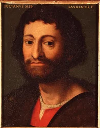Portret Juliena de Medicis (1478-1516) (Giuliano de Medici) Książę Nemours Obraz Allori Angelo di Cosimo dit Bronzino (1503-1572) - XVI wiek Słońce 15x12 cm Pałac Medici-Riccardi (Medici Riccardi) Florencja