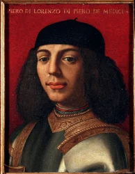 Portret Piotra II Medyceuszy (1472-1503) Włoski polityk i wojskowy, syn Laurenta Wspaniałego Obraz Agnolo Allori zwany Bronzino (1503-1572), olej na miedzi Dim 15x1 cm M Palazzo