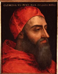 Portret papieża Klemensa VII (Klementa) (Jules de medicis ou giulio de medici) (1478-1534) Obraz Allori Angelo di Cosimo dit Bronzino (1503-1572) - XVI wiek Dim 15x12 cm Pałac Medici-Riccardi (Medici Riccardi) Florencja