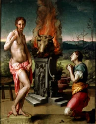 Pigmalion i Galatee (lub Galathee) Obraz Agnolo di Cosimo di Mariano w Il Bronzino (1502-1572) 1529-1530 Ndz. 81x63 cm Florencja, Galleria degli Uffizi (Muzeum Uffizi)