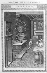 Fontanna ze sztucznym śpiewem ptaków. To projekt Agostino Ramelli, według „”Diverse and Artificiosis Machine””. Mediolan 1600.