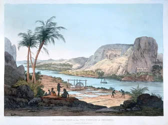 Zewnętrzny widok dwóch świątyń w Ybsambuł, Egipt, 1820