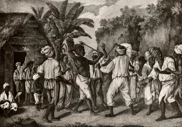 Walka na kije między czarnymi Anglikami i Francuzami na wyspie Dominika, Santo Domingo