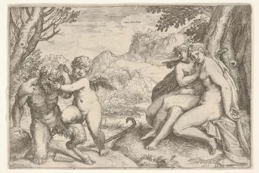Miłość zwycięża wszystko Omnia vincit Amor, w walce z satyrem Amor stawia prawą k..., 1599.