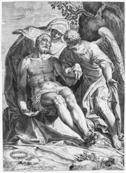 Pieta, Chrystus wspierany przez Dziewicę i anioła po prawej, 1582.