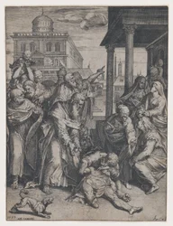 Św. Paweł podnoszący Patroklosa, który leży na ziemi, otoczony przez grupę gapiów, ..., 1583.