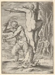Satyr biczujący nimfę, ukazaną od tyłu i przywiązaną do drzewa, drugi satyr..., ok. 1590-95