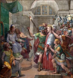 Pasja: „Chrystus przed Poncjuszem Piłatem (Pontius Pilatius)” „Fresk Agostino Ciampelli (1577-1642) 1594-1600 Rzym, bazylika Santa Prassede
