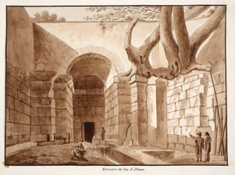 Emissarium jeziora Albano, 1833 (akwaforta z brązową lawiną)