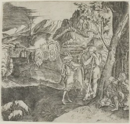 Pasterze i satyr na tle krajobrazu