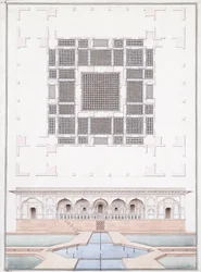 Elewacja frontu południowego i Garden Palace Suraj Bhawan at Dig, ok. 1830 (ołówek, długopis, szary tusz i akwarela)