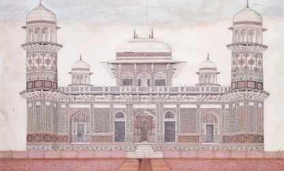Grobowiec Itmad-ud-daula, ok. 1815 (kolumna, pióro i czarny tusz, w/c, podkreślone akcentami o)