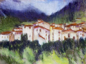 Pejzaż alpejski, Alberico Balbi Valier (1869-1910 ok.), pastel na papierze, 24x32 cm. Włochy