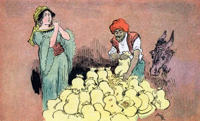 Ali Baba pokazuje swojej żonie złote torby Ilustracja autorstwa Alberta Robidy do prywatnej kolekcji Ali Baba and the Forty Thieves 1945