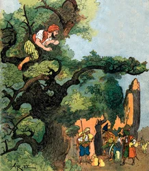 Ali Baba słyszy, jak grupa czterdziestu złodziei odwiedza ich sklep ze skarbami Ilustracja autorstwa Alberta Robidy do kolekcji prywatnej Ali Baba and the Forty Thieves 1945