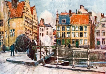Pont aux Herbes, Gandawa (kolorowa litografia)