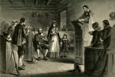 Kult publiczny w Plymouth przez pielgrzymów, 1877.