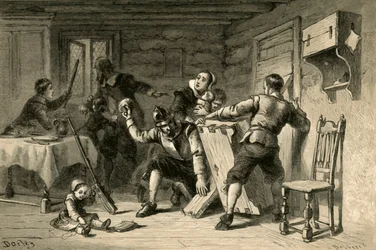 Purytanie barykadują swój dom przed Indianami, 1877.