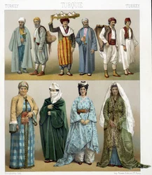 Stroje tureckie z XIX wieku. Ilustracja w „Le costume historique” Racinet