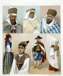 Kostiumy i fryzury z Algierii. Ilustracja w „Le costume historique” autorstwa Racinet