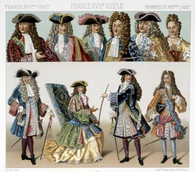 Stroje i fryzury francuskiej szlachty w XVIII wieku. Ilustracja w dziele Racineta „Le costume historique”