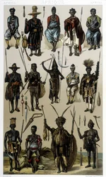 Kostiumy z Gwinei, Senegalu i Gabonu. Ilustracja w „Le costume historique” Racinet