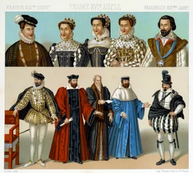 Stroje szlachty i magistratów we Francji w XVII wieku. Tablica chromolitograficzna - w „Le costume historique” Racineta