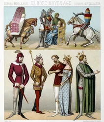 Stroje średniowiecza we Francji. Ilustracja w „Le costume historique” Racinet