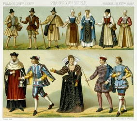 Stroje szlacheckie i ludowe stroje francuskie w XVI wieku. Płyta chromolitograficzna - w „Le costume historique” Racinet