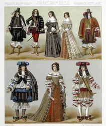 Stroje szlachty we Francji w XVIII wieku. Ilustracja w „Le costume historique” autorstwa Racinet
