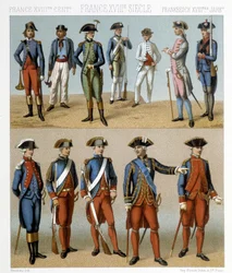 Francuskie stroje wojskowe w XVIII wieku. Ilustracja w „Le costume historique” autorstwa Racinet