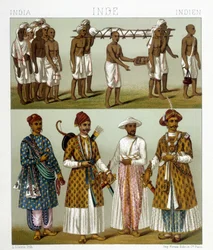 Pogrzeb (na górze zdjęcia) i kupcy (na dole) w Indiach. Rysunek w „”Le costume historique”” Racinet