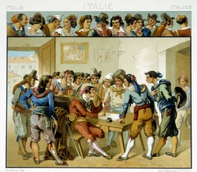 Grupa Włochów wokół pisarza reprezentowana w popularnych rzymskich strojach XIX wieku. Płyta chromolitograficzna - w „Le costume historique” Racinet