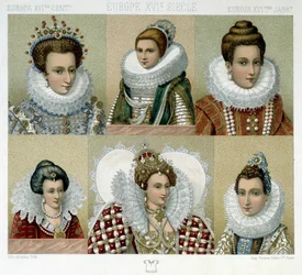 Fryzjerstwo we Francji w XVI wieku (oraz portret Marii de Medici) - w „Le costume historique” Racineta, koniec XIX wieku