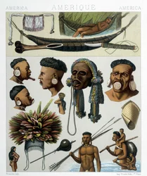 Rdzenni mieszkańcy Brazylii i Paragwaju. Ilustracja w „Strój historyczny” Racinet