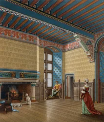 Wnętrze XV-wiecznej rezydencji francuskiej, litografia Charpentiera z Le Costume historique (Pełna historia kostiumów)
