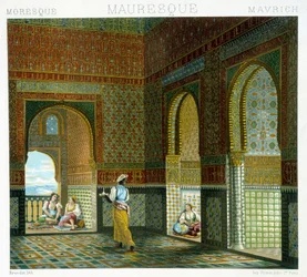 Wnętrze domu mauretańskiego (Alhambra, Sala Błogosławieństwa). Tablica chromolitograficzna - w „Le costume historique” Racineta
