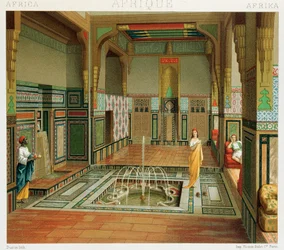 Wnętrze bogatego domu w Kairze, ilustracja z pełnej historii kostiumów autorstwa Auguste
